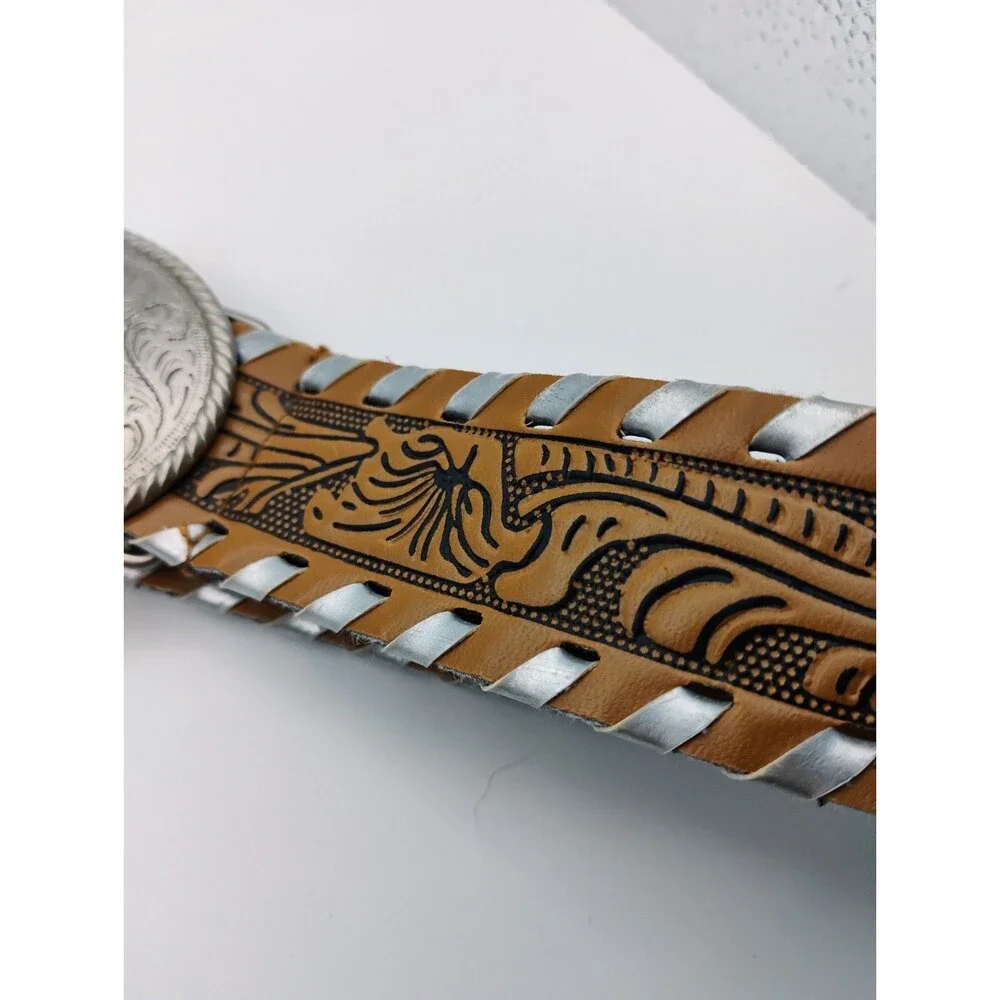 Vintage Western Tooled Leather Belt& Engraved Buckle Boys Cowboy Style Sz 14 1/2